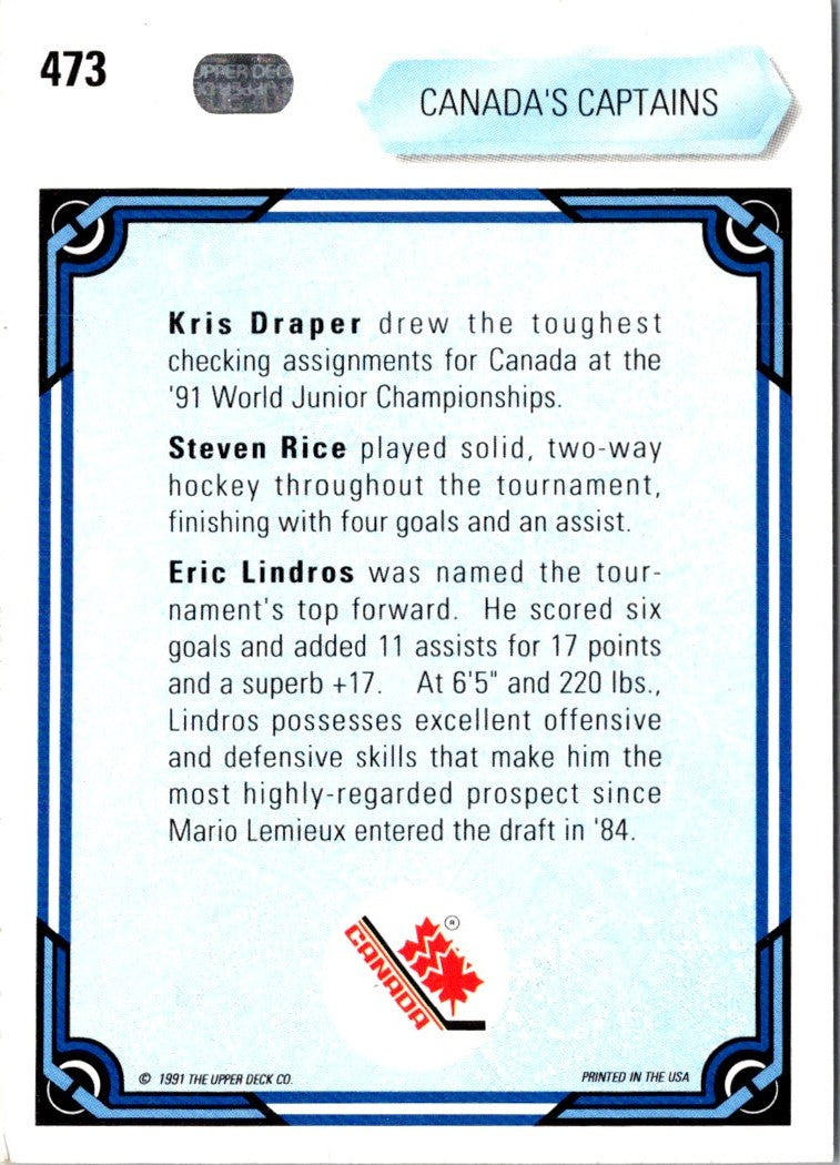 1990 Upper Deck Kris Draper/Steven Rice/Eric Lindros