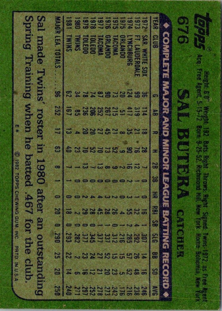 1982 Topps Sal Butera