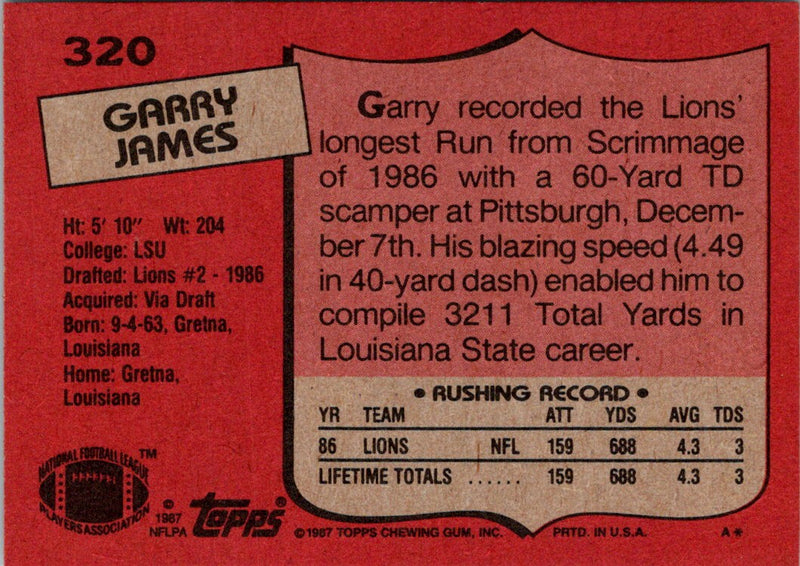 1987 Topps Garry James