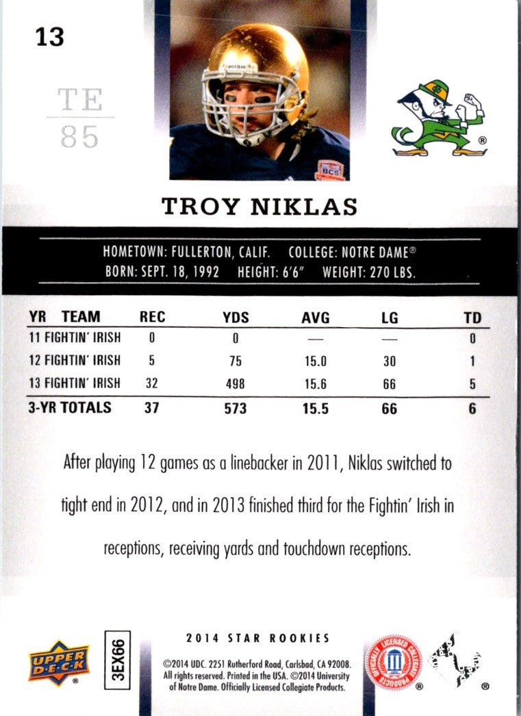 2014 Upper Deck Star Rookies Box Set SP Troy Niklas