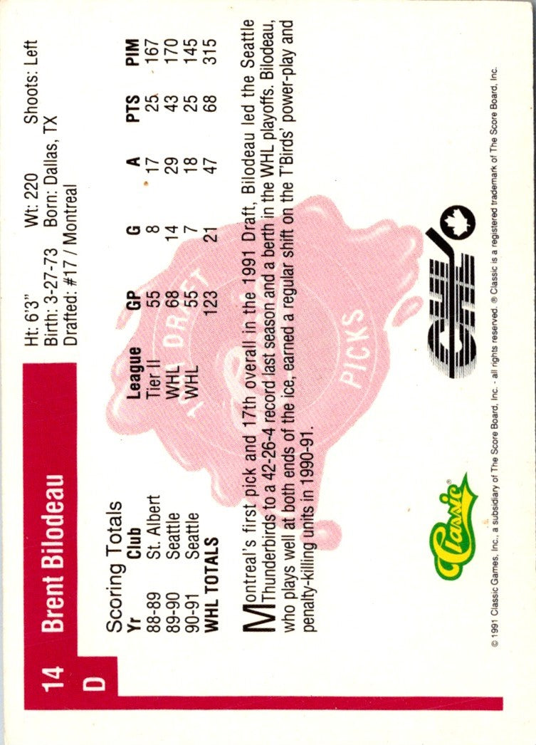 1991 Classic Draft Picks Brent Bilodeau