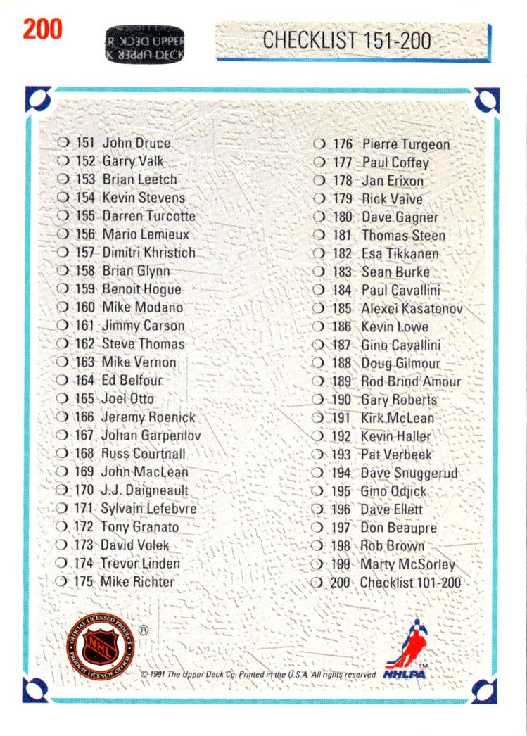 1991 Upper Deck Checklist 101-