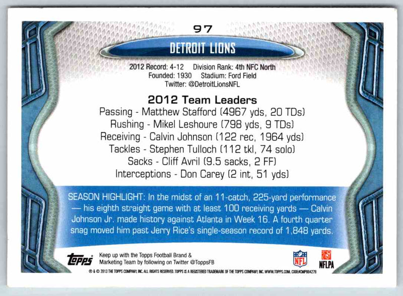 2013 Topps Detroit Lions