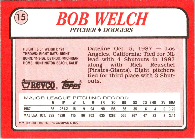 1988 Topps Revco League Leaders Bob Welch