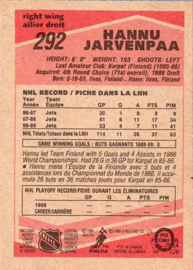 1989 O-Pee-Chee Hannu Jarvenpaa