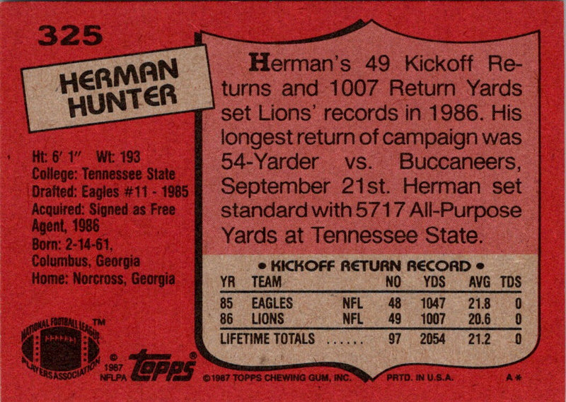 1987 Topps Herman Hunter