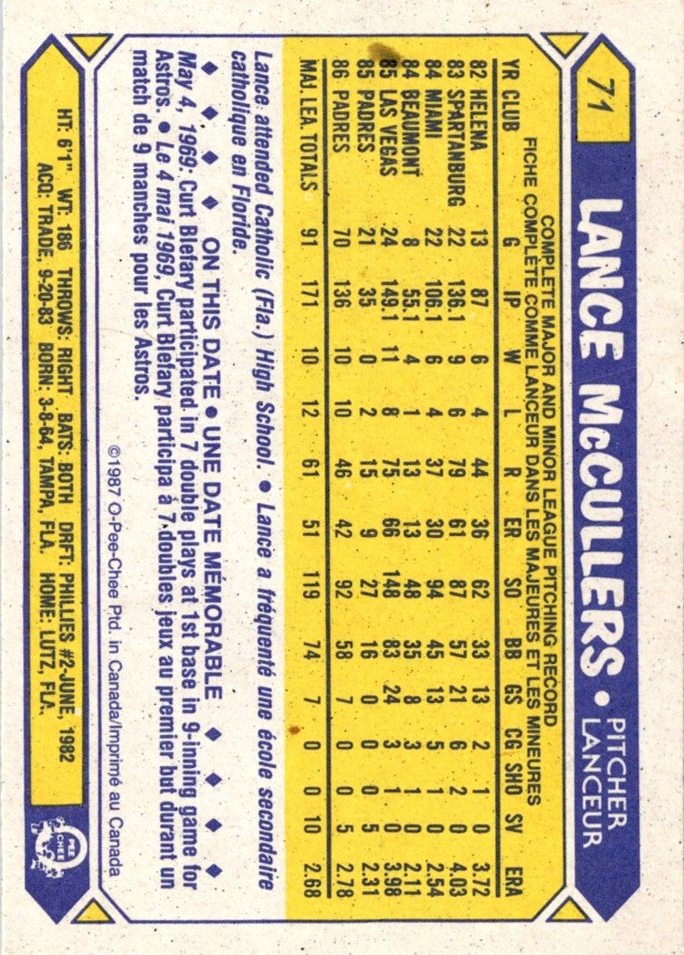 1987 O-Pee-Chee Lance McCullers