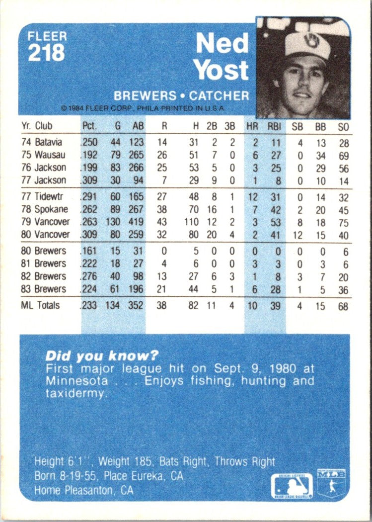 1984 Fleer Ned Yost