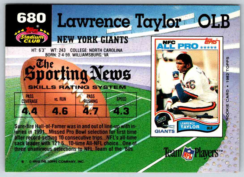 1992 Topps Stadium Club Football Lawrence Taylor