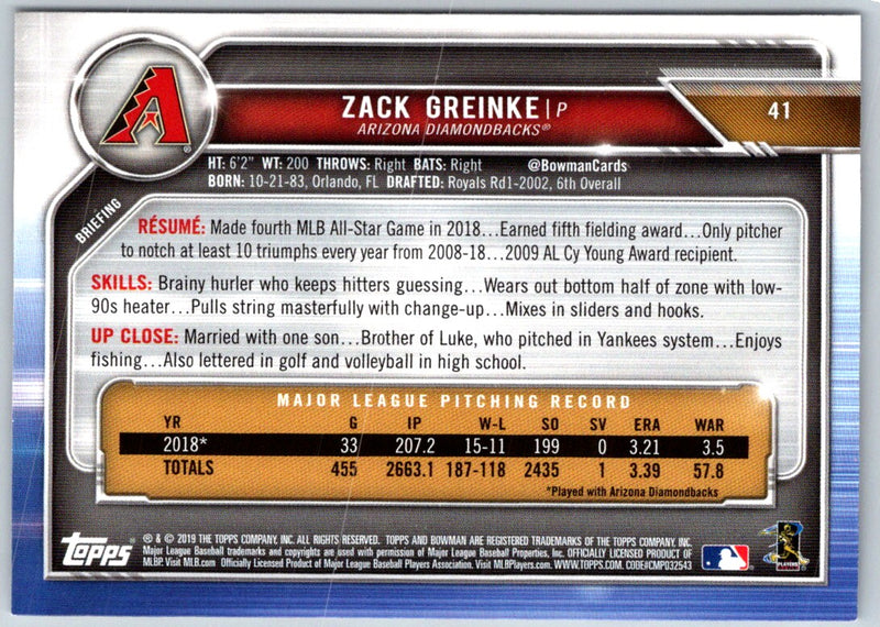 2019 Bowman Zack Greinke