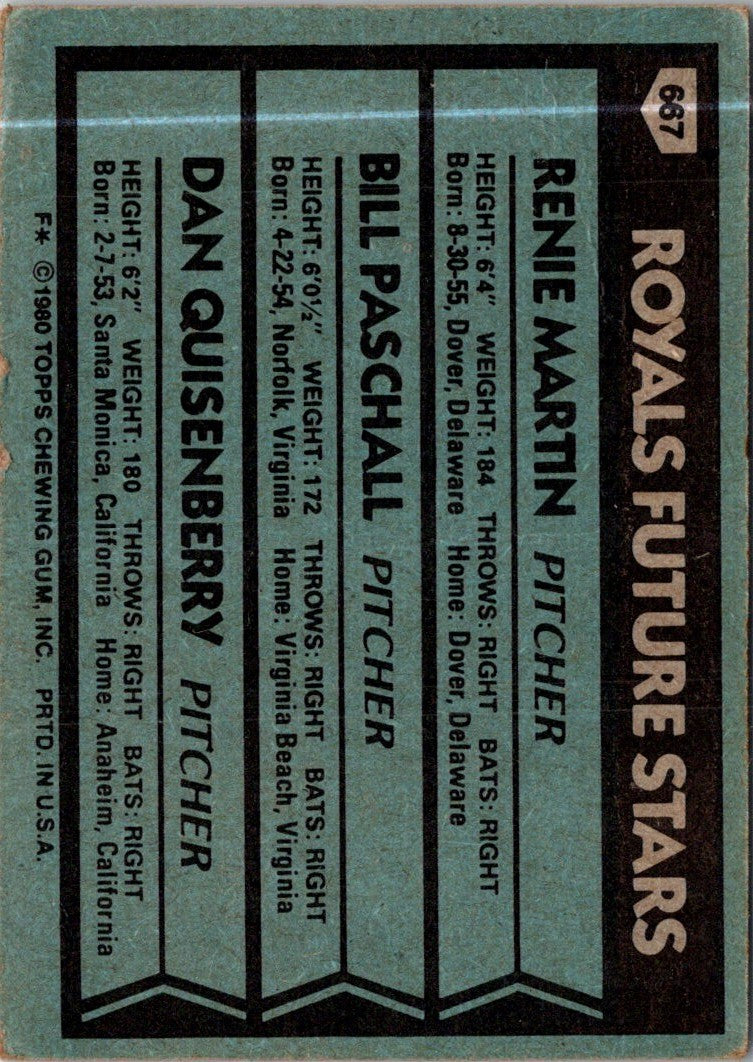1980 Topps Royals Future Stars - Renie Martin/Bill Paschall/Dan Quisenberry