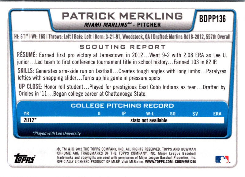 2012 Bowman Draft Picks & Prospects Patrick Merkling