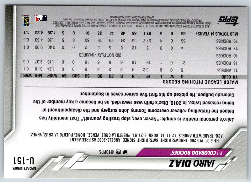 2020 Topps Update Jairo Diaz