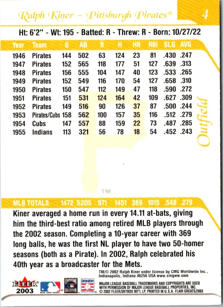 2003 Flair Greats Ralph Kiner