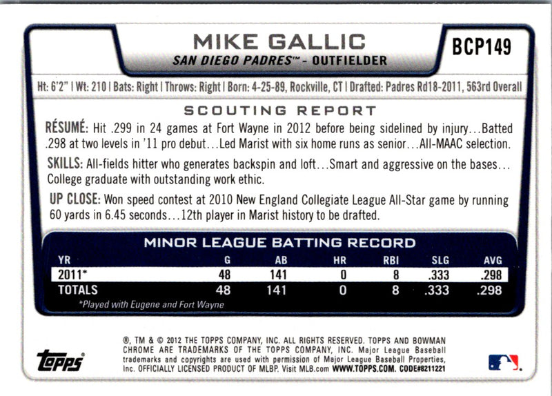 2012 Bowman Chrome Prospects Mike Gallic