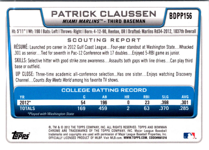 2012 Bowman Draft Picks & Prospects Chrome Patrick Claussen