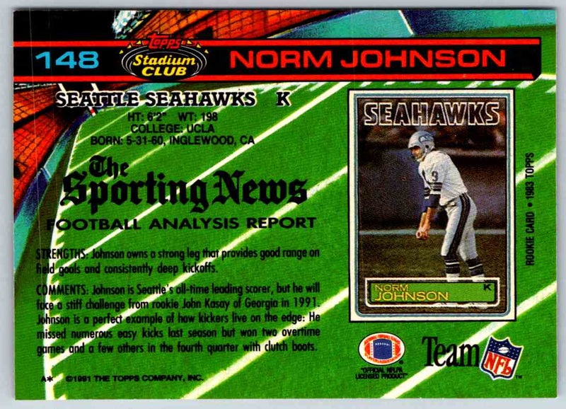 1991 Topps Stadium Club Football Norm Johnson