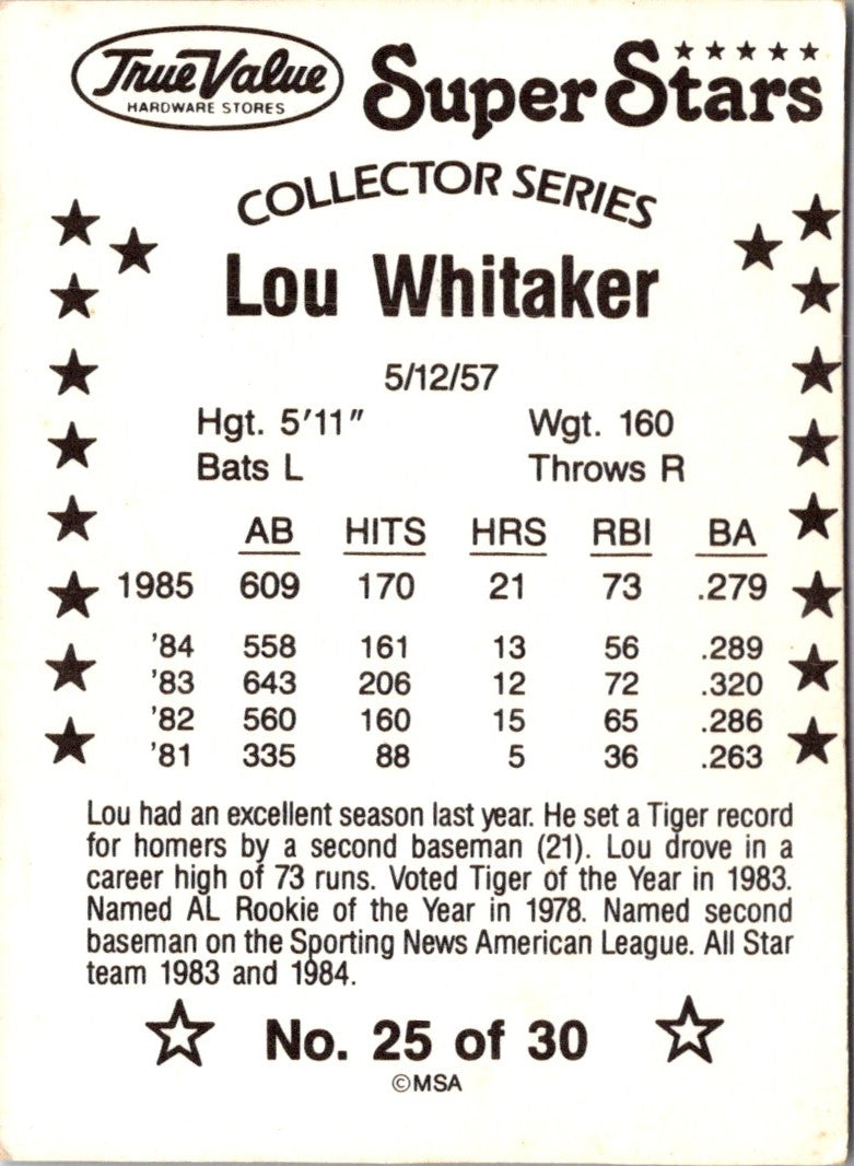 1984 Fleer Star Stickers Lou Whitaker