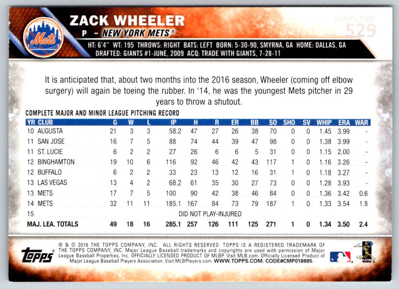 2016 Topps Zack Wheeler