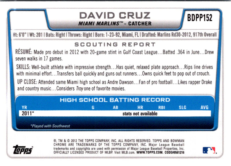 2012 Bowman Draft Picks & Prospects David Cruz