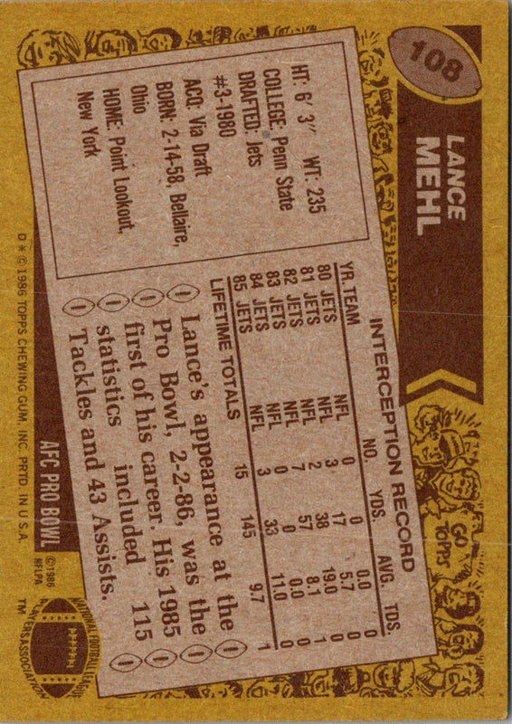 1986 Topps Lance Mehl #108