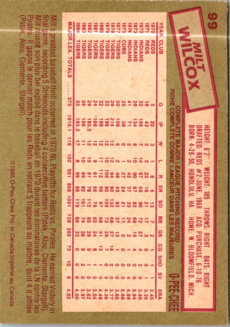 1985 O-Pee-Chee Milt Wilcox