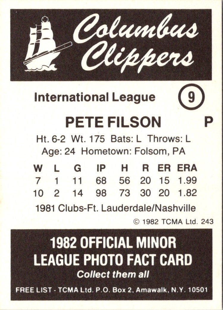 1982 TCMA Columbus Clippers Pete Filson