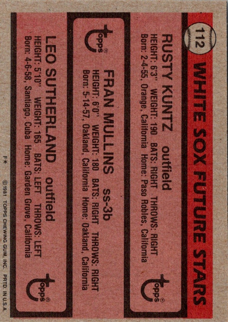 1981 Topps White Sox Future Stars - Rusty Kuntz/Fran Mullins/Leo Sutherland