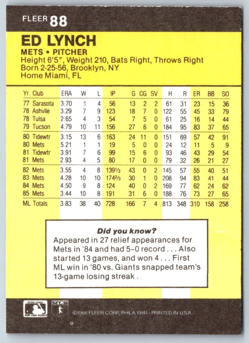 1986 Fleer Ed Lynch