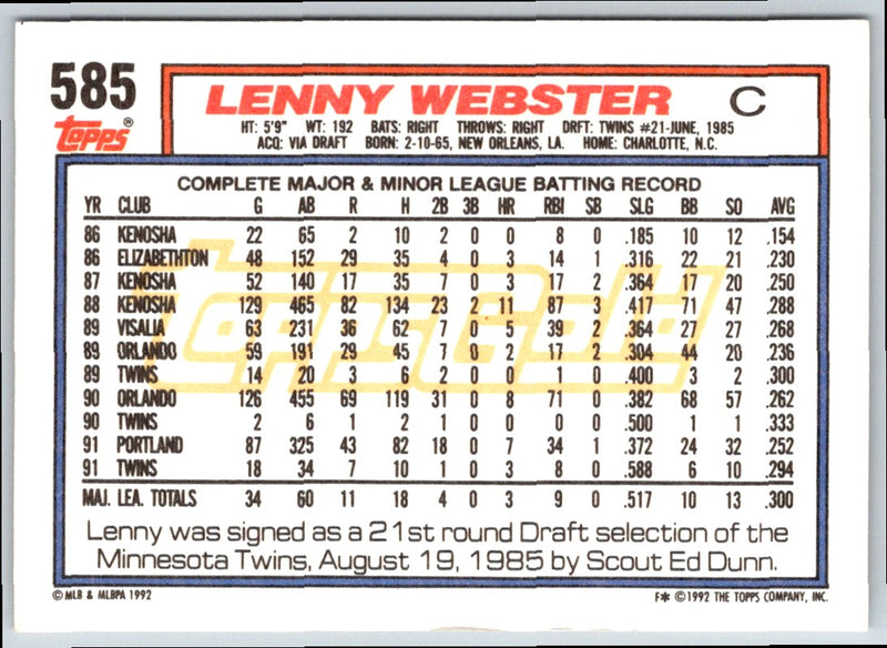 1992 Topps Lenny Webster