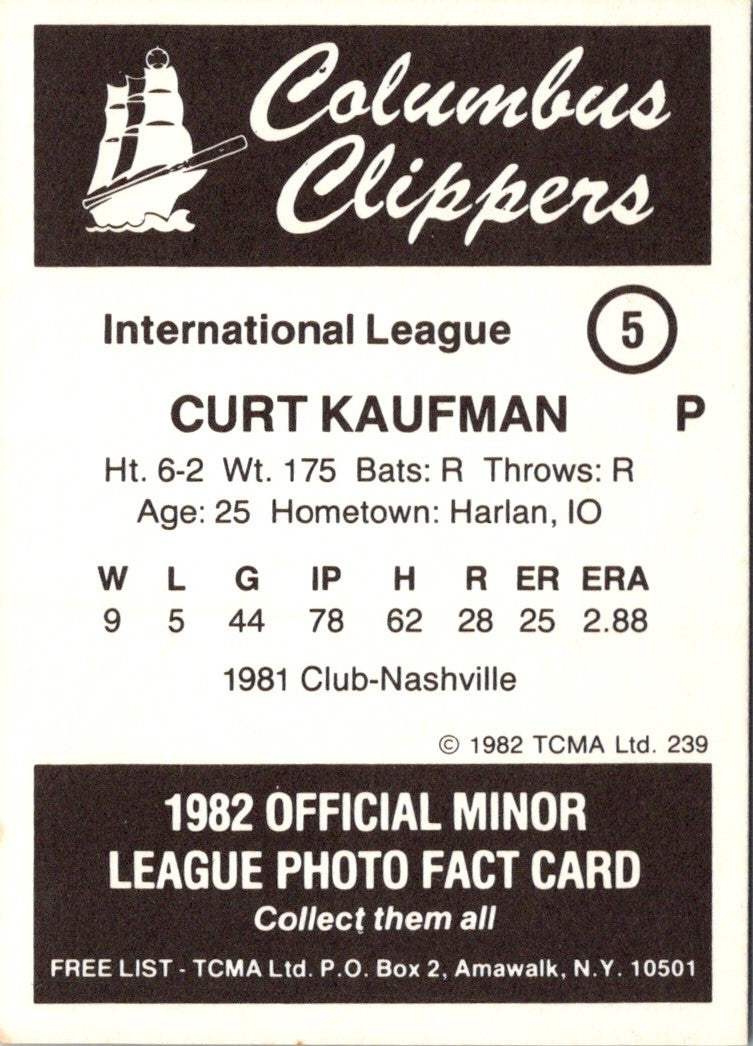 1982 TCMA Columbus Clippers Curt Kaufman