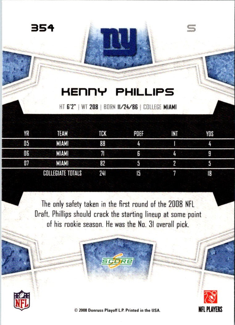 2008 Score Super Bowl XLIII Kenny Phillips