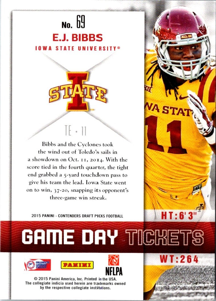 2015 Panini Contenders Draft Picks Game Day Tickets E.J. Bibbs