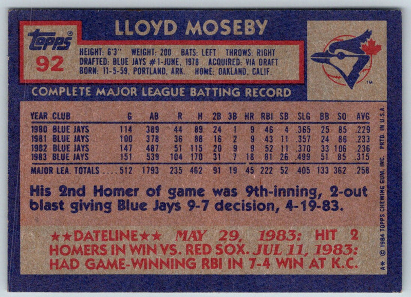 1984 Topps Lloyd Moseby