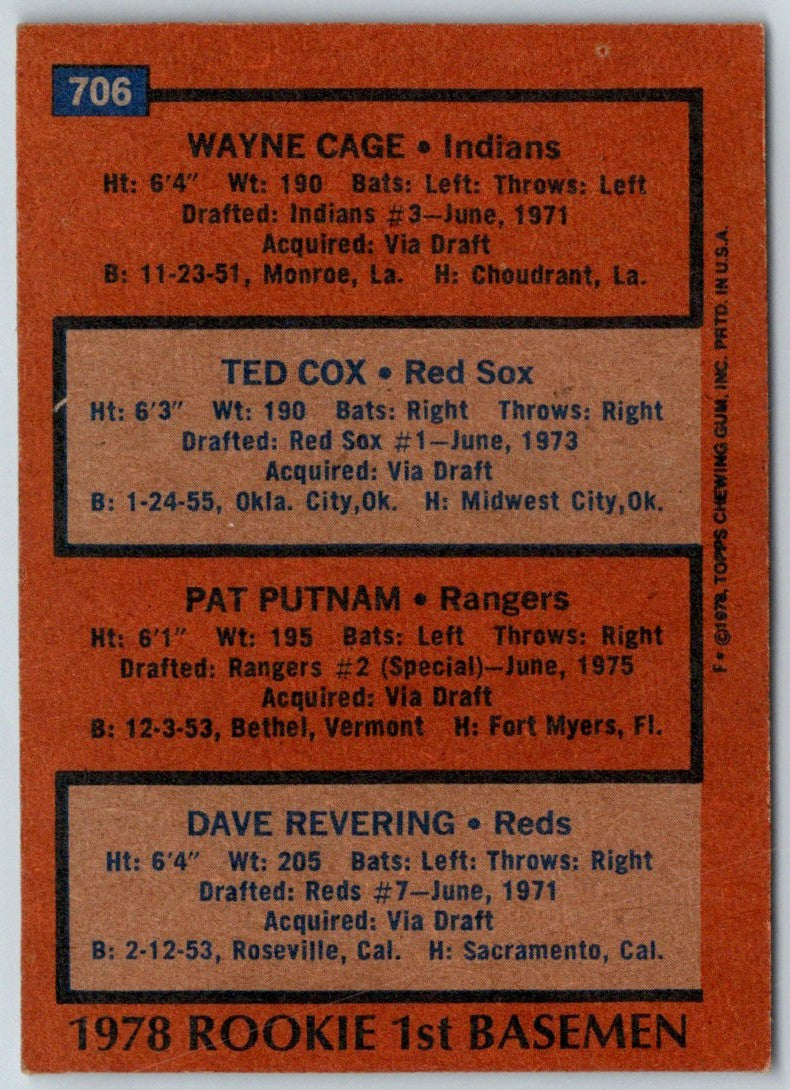 1978 Topps Rookie First Basemen - Wayne Cage/Ted Cox/Pat Putnam/Dave Revering