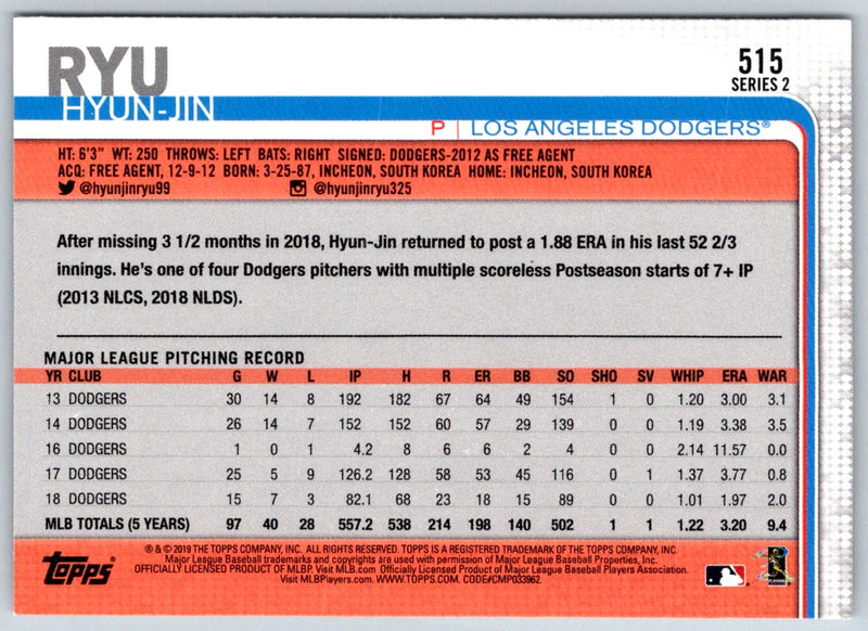 2019 Topps Hyun-Jin Ryu