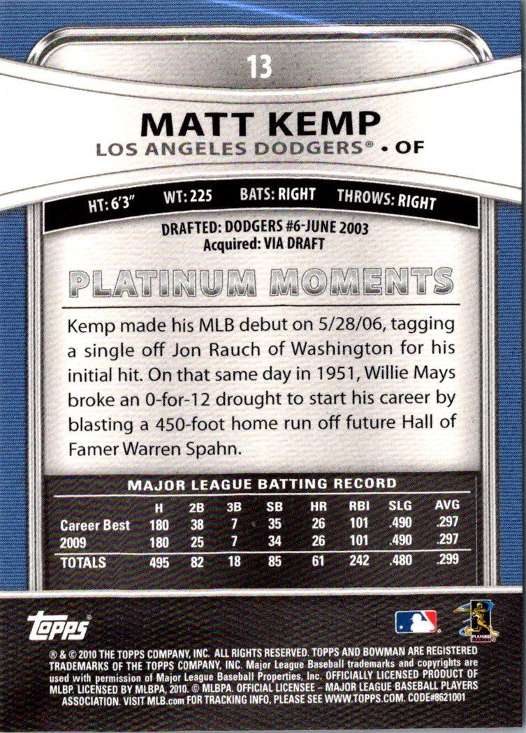 2010 Bowman Platinum Matt Kemp