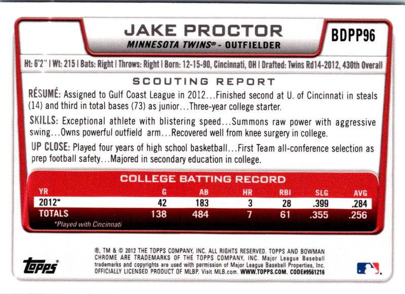 2012 Bowman Draft Picks & Prospects Chrome Jake Proctor