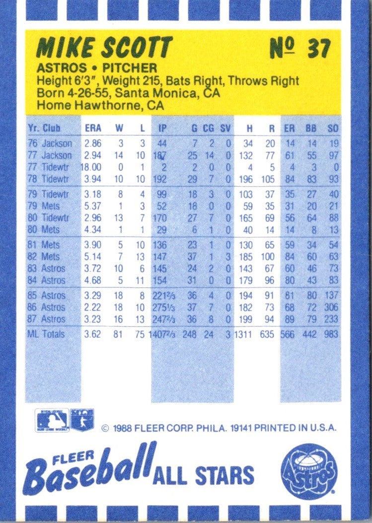 1988 Fleer Baseball All-Stars Mike Scott