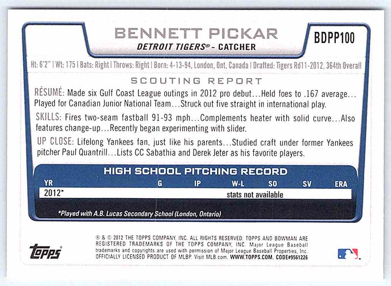 2012 Bowman Bennett Pickar