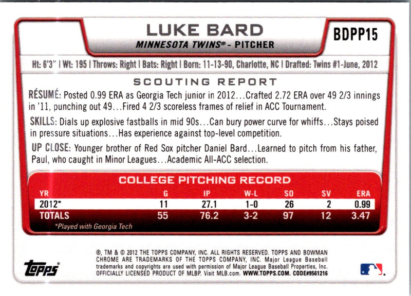 2012 Bowman Draft Picks & Prospects Chrome Luke Bard