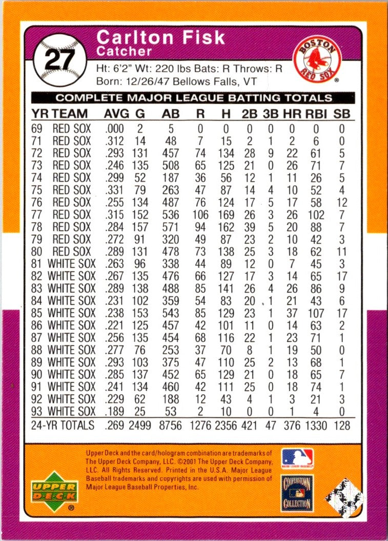 2001 Upper Deck Decade 1970's Carlton Fisk