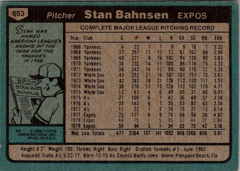 1980 Topps Stan Bahnsen