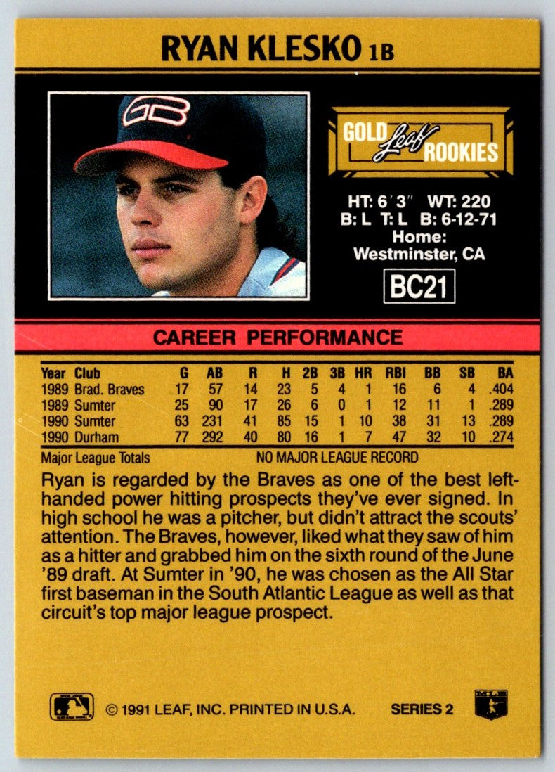 1991 Leaf Gold Rookies Ryan Klesko