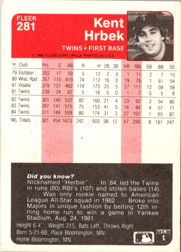 1985 Fleer Kent Hrbek