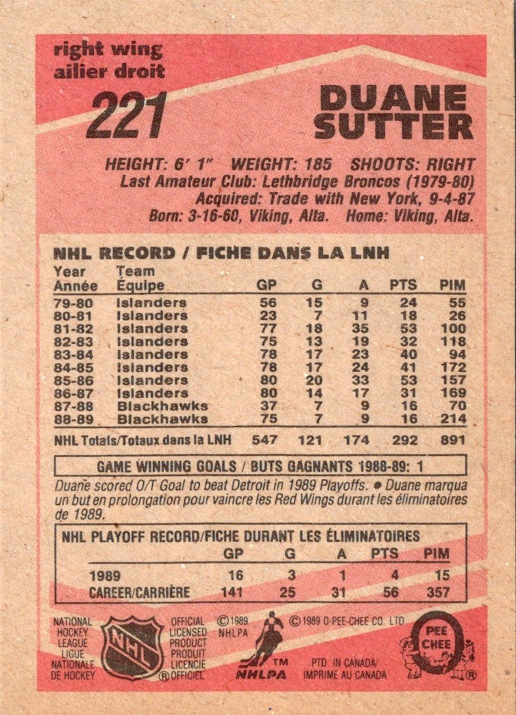 1989 O-Pee-Chee Duane Sutter