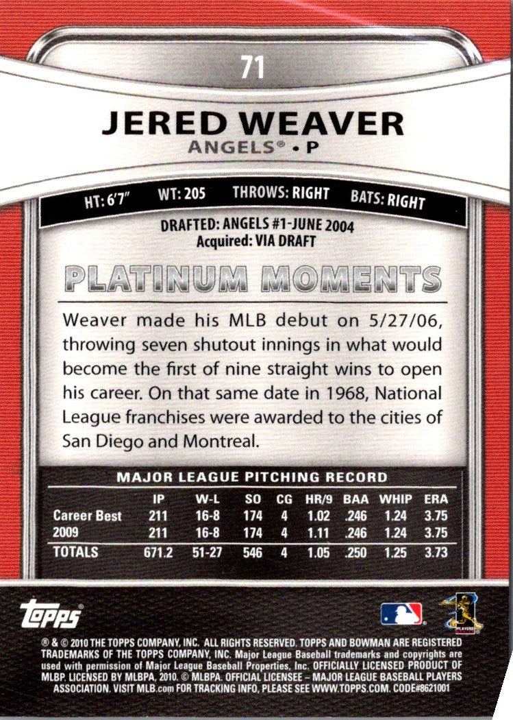 2010 Bowman Platinum Jered Weaver