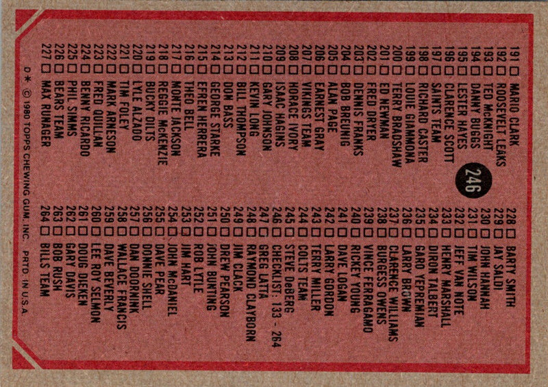 1980 Topps Checklist 133-264