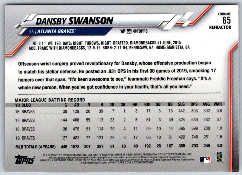 2020 Topps Chrome Dansby Swanson