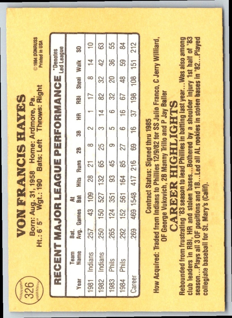 1985 Donruss Von Hayes